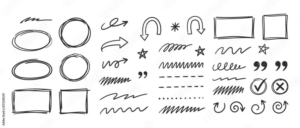 Fototapeta premium Collection of hand drawn sketchy design elements arrows and frames with set of doodle style vector frames