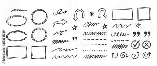 Collection of hand drawn sketchy design elements arrows and frames with set of doodle style vector frames
