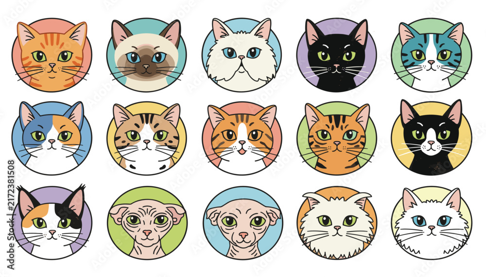 Fototapeta premium Collection of fifteen different cat breed avatars in circular frames, showing various colors and facial features.