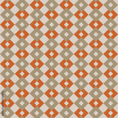 Seamless pattern created from rows of overlapping khaki and orange diamonds with small pale grey diamond centres on a pale grey background