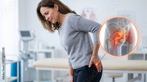 Woman with Hip and Sciatic Nerve Pain, Piriformis Syndrome Concept