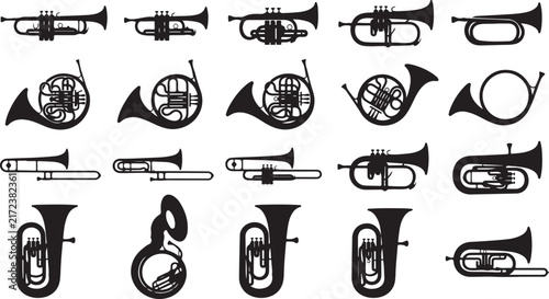 Foto Set of black silhouettes of brass musical instruments including trumpets, french
