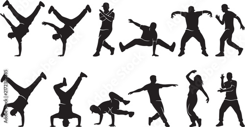 Fotografie Set of black silhouettes of breakdancers performing hip hop dance moves and stre