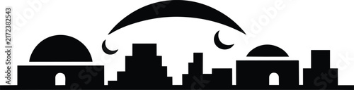 City skyline silhouette with oriental domes and arch motif, featuring geometric urban buildings and moon shapes in a clean black and white composition for architectural or travel