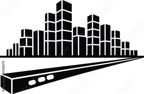 City skyline with blocky geometric skyscrapers and a perspective road in the foreground, black and white architectural layout for real estate and modern urban development projects