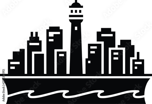 Coastal city skyline silhouette with a central lighthouse tower above stylized ocean waves, clean black and white emblem for harbor navigation and urban seaside municipal tourism