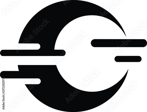 Crescent moon icon with horizontal motion streaks, black celestial symbol representing night time weather or astronomical speed, simple flat graphic shape isolated on a solid white