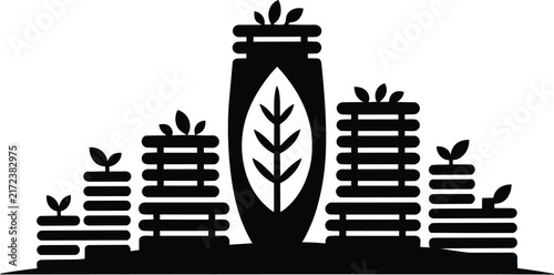 Eco city skyline silhouette of green sustainable buildings and eco-friendly vertical farming towers with leaves, symbolizing renewable energy and environmental urban development