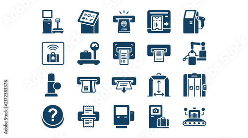 Airport self service kiosk and automation equipment icons collection vector.