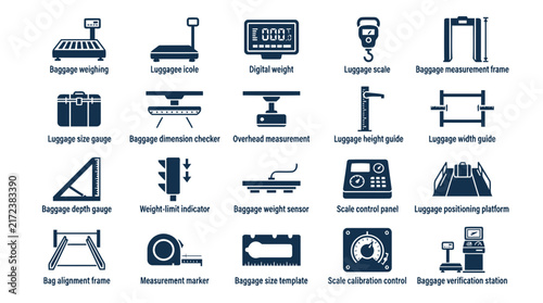 Baggage weighing and measurement equipment icons collection for airport vector.