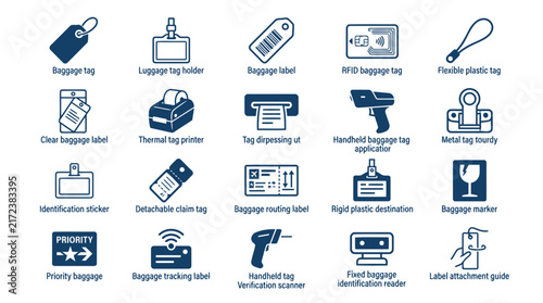 Luggage tag and baggage identification accessories icons collection vector.