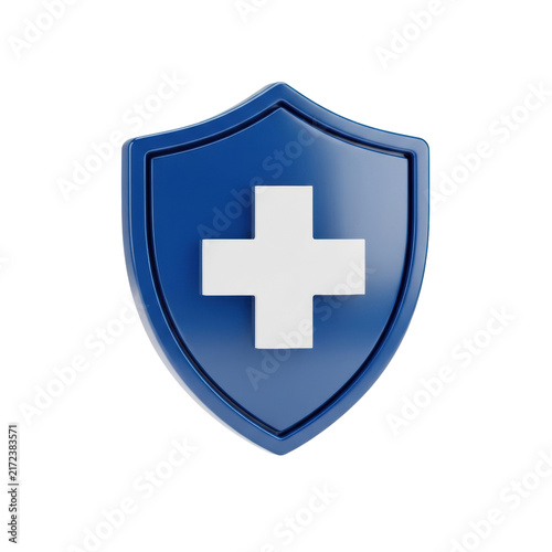 Highly detailed azure blue protective shield icon featuring a precise white medical cross, rendered in polished 3d cgi on a transparent background. Concept of health insurance security