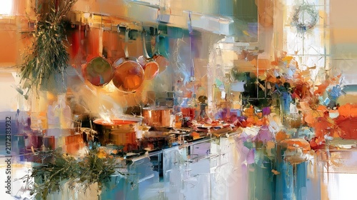 Impressionistic painting of a rustic kitchen with copper pots and fresh herbs