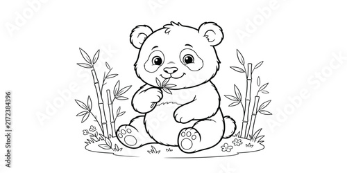 Panda cub eating bamboo with floral elements line art silhouette on transparent background