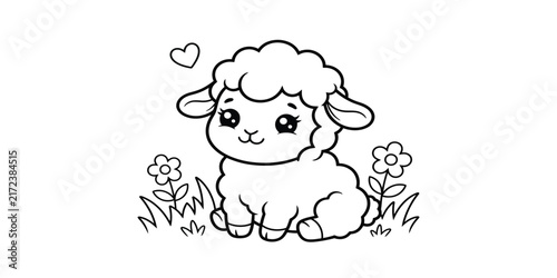 Cute lamb illustration with flowers and heart black silhouette on transparent background