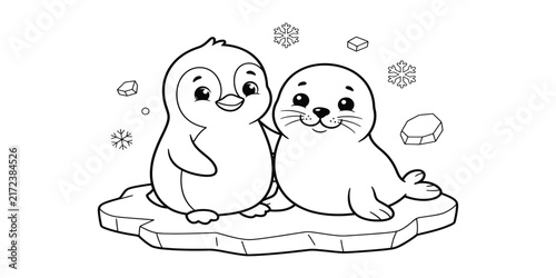 Penguin and seal illustration on transparent background silhouette