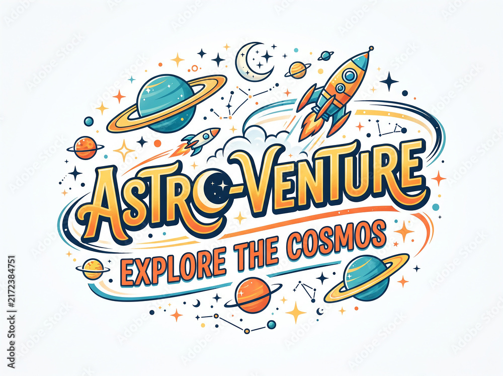Fototapeta premium Retro Astro Venture Cosmos Emblem with Rocket Ship Planets and Stars Typography