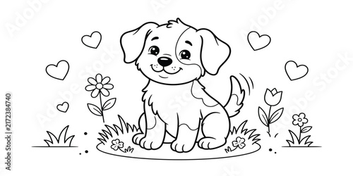 Cartoon puppy surrounded by flowers and hearts black silhouette on transparent background