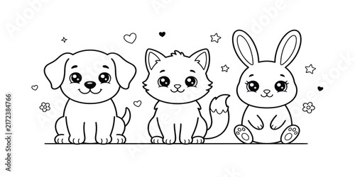 Dog cat and rabbit silhouettes with floral details on transparent background