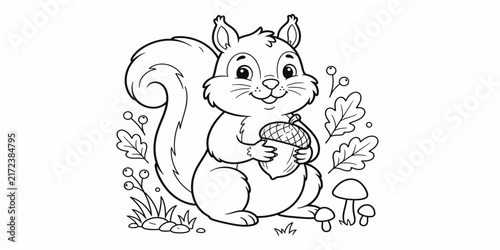 Charming squirrel holding an acorn black and white silhouette on transparent background