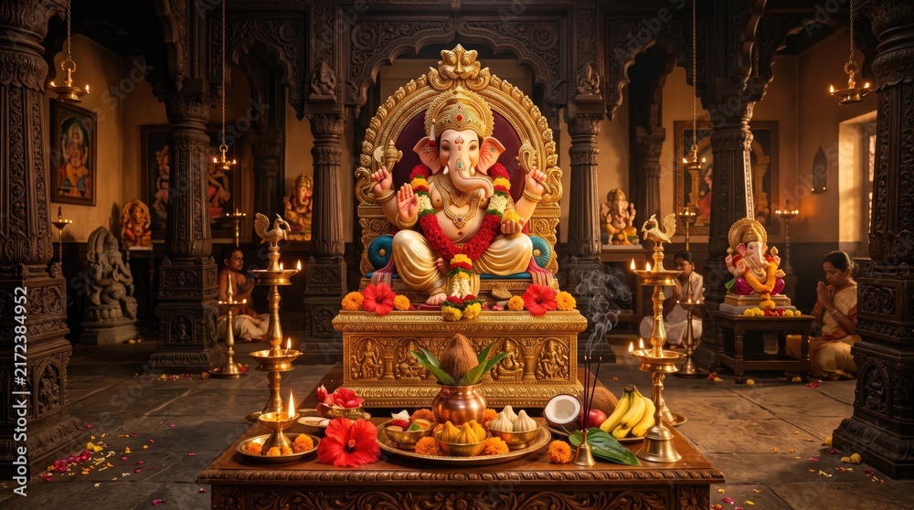 Fototapeta premium Lord Ganesha seated on ornate brass pedestal in historic Indian temple interior with glowing lamps