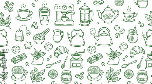 Coffee and Tea Seamless Pattern with Cups, Coffee Machines, Teapots, Honey, Spices and Bakery Elements
