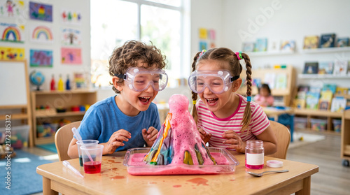 Excited children watch a colorful volcano science experiment indoors