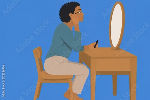 a woman adhering makeup to her face in front of a mirror