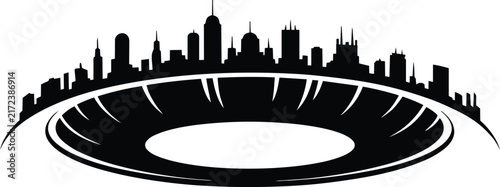 Stadium silhouette with city skyline of skyscrapers rising along the curved background arch, modern arena bowl graphic element for sports team branding and urban development