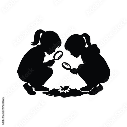 Girls examining with magnifying silhouette icon vector flat design.