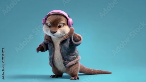 Animated otter in a jacket and headphones dancing upright lively expression smooth motion lighting clear focus modern playful scene