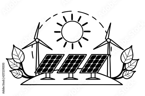 Renewable energy illustration with wind turbines and solar panels under the sun