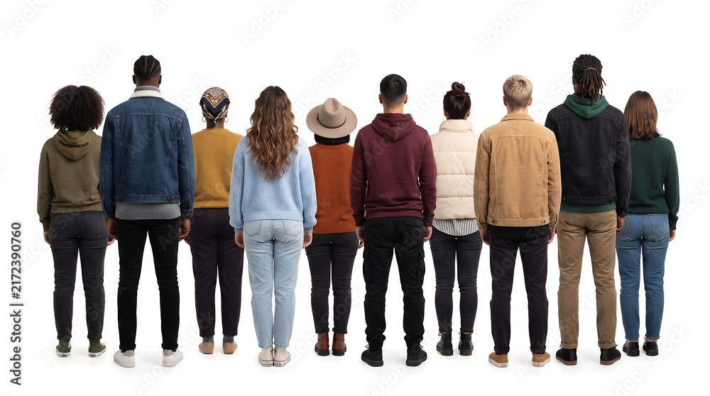 Obraz premium A diverse group of people standing in a row with their backs to the camera, isolated on white background
