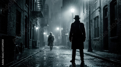 Mysterious Night Scene in an Urban Alley with Shadows and Fog