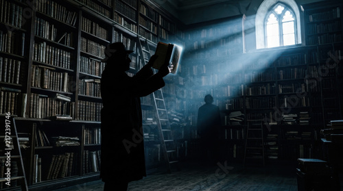 Mysterious Library Scene with Silhouetted Figures and Dramatic Sunlight