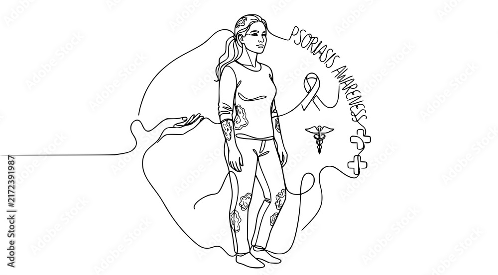 Fototapeta premium Psoriasis Skin Disease Woman Dermatology Awareness International Psoriasis Day One Line Vector