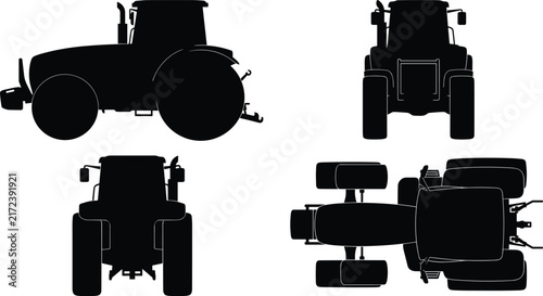 Agricultural farm tractor silhouette set featuring front, side, rear, and top views for design