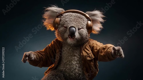 Joyful koala wearing a casual jacket and headphones dancing with relaxed rhythm balanced lighting sharp clarity friendly modern feel