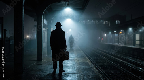 Mysterious Man Waiting at Night Train Station with Foggy Atmosphere