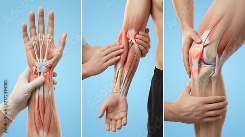 Human anatomy is illustrated in a triptych showing the musculoskeletal structure of the wrist, arm, and knee, highlighting areas of pain or injury.