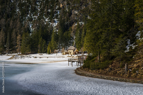 Konstfotografi Lake Braies (Pragser See) in South Tyrol in winter, view of snowy Lake