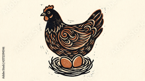 Linocut style illustration of a hen sitting on eggs in a nest