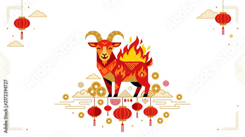 Chinese zodiac fire goat illustration with red lanterns