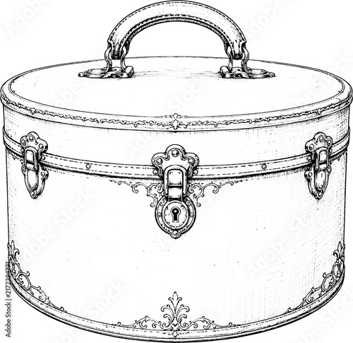 Vintage round hat box case detailed pencil line art illustration