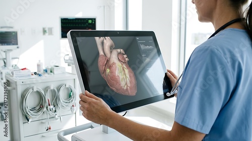 Medical professional in scrubs examines a detailed 3D human heart model on a modern digital display within a high-tech hospital room.