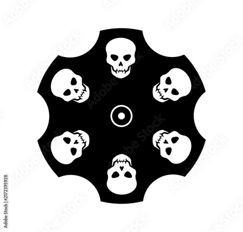 Revolver cylinder with skull pattern and central target symbol. A black revolver cylinder is decorated with white skull motifs and a central target emblem, evoking danger and precision