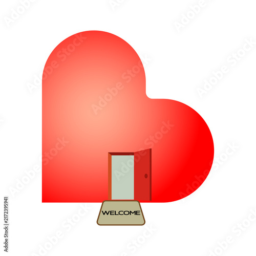 Open door to a red heart with a welcome mat inviting entry. A stylized red heart shape features an open doorway and a welcome mat, symbolizing invitation and emotional access