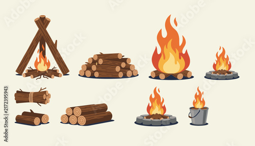 Campfire and firewood set featuring stacked logs, kindling bundles, and roaring bonfires on light background.