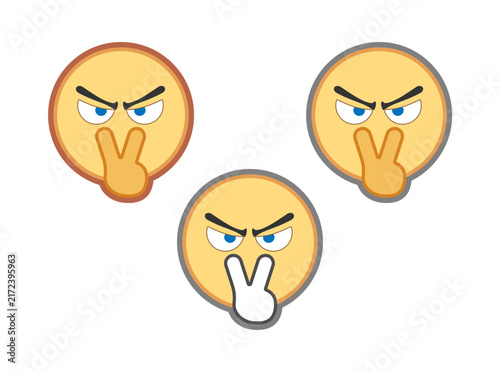 Three yellow cartoon faces with angry expressions and blue eyes are shown making the peace sign with their fingers, conveying a sense of defiance or playful aggression