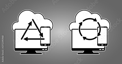 Cloud synchronization between computers and mobile devices illustrated with arrows. Diagrams show data flow and connectivity between desktop computers and smartphones via cloud services